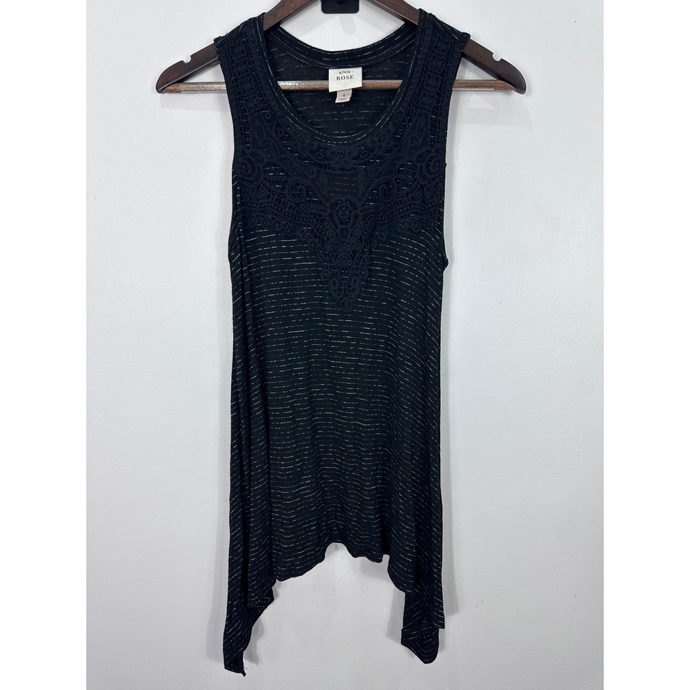 Knox Rose Tank Top Womens Small Black Striped Lace Yoke Sharkbite Hem Boho